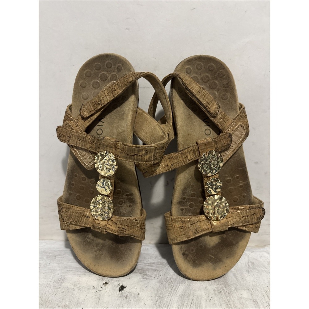 Vionic Farra Sandal Womens 8 Gold Cork Metallic Disks Orthotic Backstrap Sandal